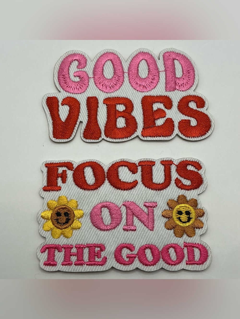 2 FUN MOTIVATIONAL IRON OR SEW ON PATCHES FOCUS ON GOOD VIBES NWOT